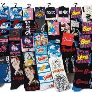 Huge Lot Of 25 Pair Crew Socks NWT Bowie AC/DC Ozzy Smurfs Fender Disney
